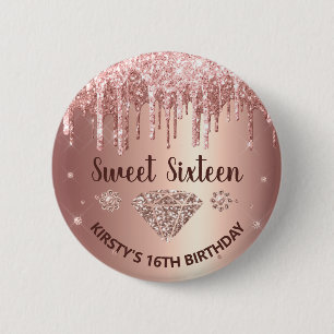 Rose Gold Dripping Glitter & Diamond Sweet 16 6 Cm Round Badge