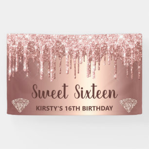 Rose Gold Dripping Glitter & Diamond Sweet 16 Banner