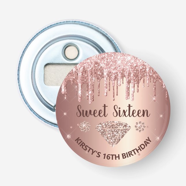 Rose Gold Dripping Glitter & Diamond Sweet 16   Bottle Opener (Front)
