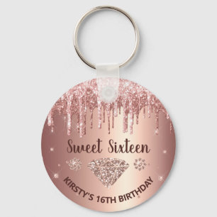 Rose Gold Dripping Glitter & Diamond Sweet 16 Key Ring