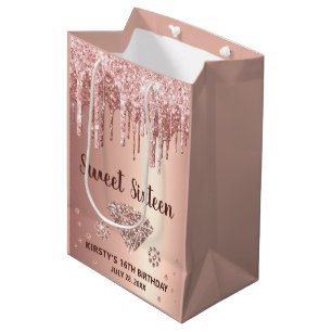 Rose Gold Dripping Glitter & Diamond Sweet 16 Medium Gift Bag