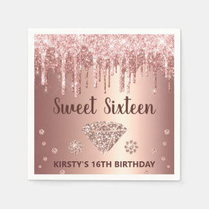 Rose Gold Dripping Glitter & Diamond Sweet 16 Napkin