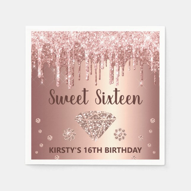 Rose Gold Dripping Glitter & Diamond Sweet 16 Napkin (Front)