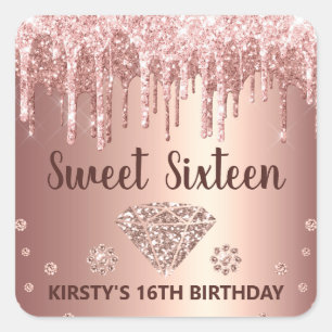 Rose Gold Dripping Glitter & Diamond Sweet 16 Square Sticker