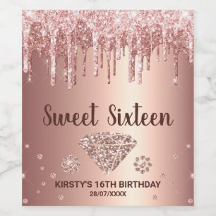 Rose Gold Dripping Glitter & Diamond Sweet 16 Wine Label