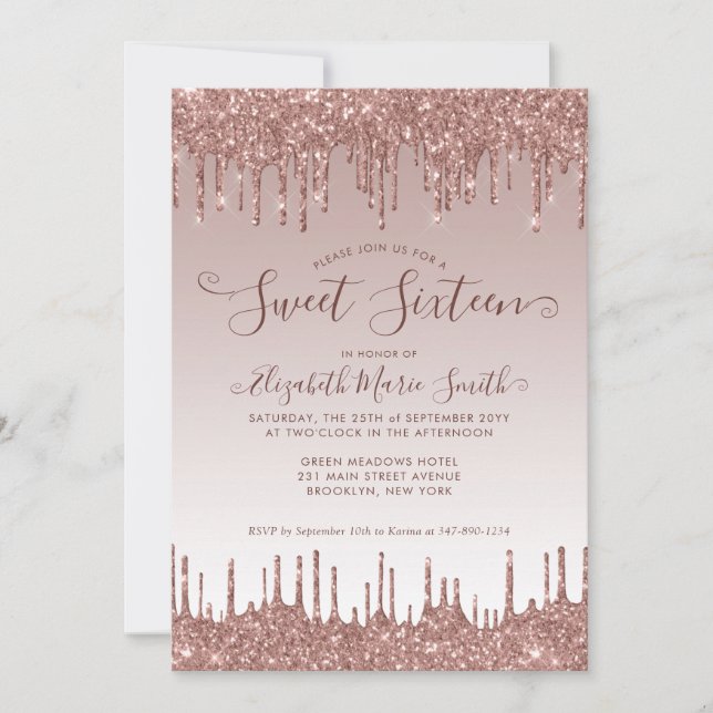 Rose Gold Dripping Glitter Glam Sweet 16 Birthday Invitation (Front)