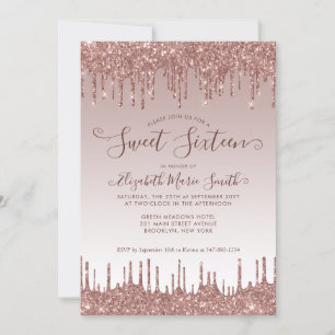 Rose Gold Dripping Glitter Glam Sweet 16 Birthday Invitation