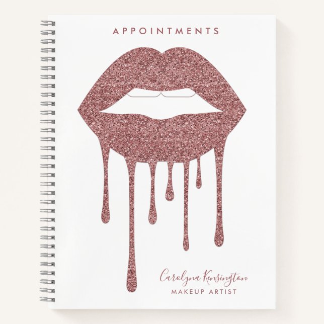 Rose Gold Dripping Glitter Lips Makeup Appointment Notebook (Front)