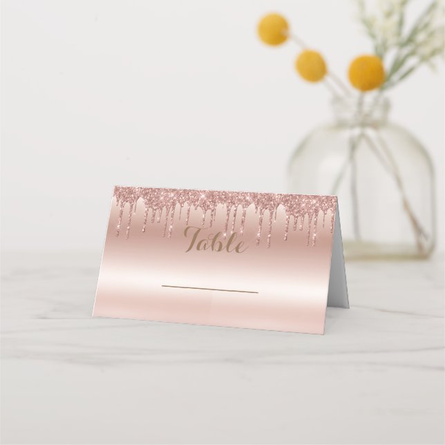 Rose Gold Dripping Glitter Metallic Shine Place Card (Front)