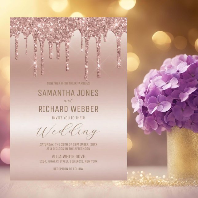 Rose Gold Dripping Glitter Metallic Shine Wedding Invitation (Creator Uploaded)