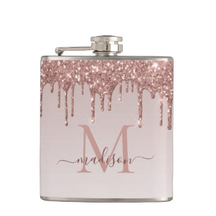 Rose Gold Dripping Glitter Modern Sparkle Monogram Hip Flask