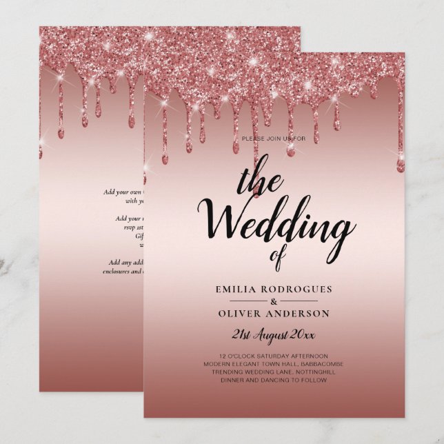 Rose Gold Dripping Glitter Modern Wedding Invite (Front/Back)