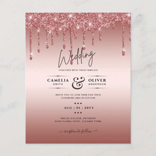 Rose Gold Dripping Glitter Modern Wedding Invite Flyer (Front)