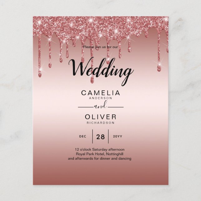 Rose Gold Dripping Glitter Modern Wedding Invite Flyer (Front)