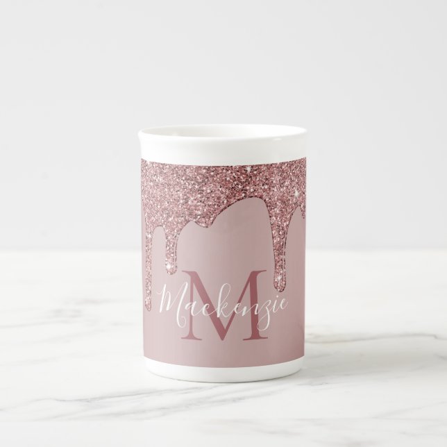 Rose Gold Dripping Glitter Monogram Bone China Mug (Front)