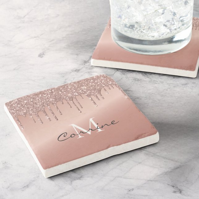 Rose Gold Dripping Glitter Monogram Name Metallic Stone Coaster (Creator Uploaded)