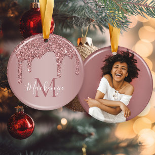 Rose Gold Dripping Glitter Monogram Photo Ceramic Tree Decoration