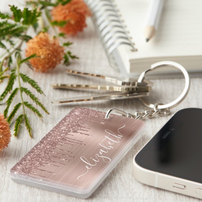 Rose Gold Dripping Glitter Monogrammed Key Ring (Front Right)