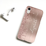 Rose Gold Dripping Glitter Personalised iPhone XR Case<br><div class="desc">Custom elegant and girly phone case featuring rose gold faux glitter dripping against a rose gold faux metallic foil background. Personalise with your name in a stylish trendy white script with swashes.</div>