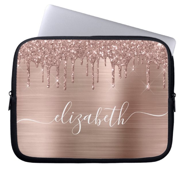 Rose Gold Dripping Glitter Personalised Laptop Sleeve (Front)