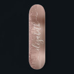 Rose Gold Dripping Glitter Personalised Skateboard<br><div class="desc">Personalised girly skateboard featuring rose gold  faux glitter dripping against a rose gold faux metallic foil background. Monogram with your name in a stylish white script with swashes.</div>