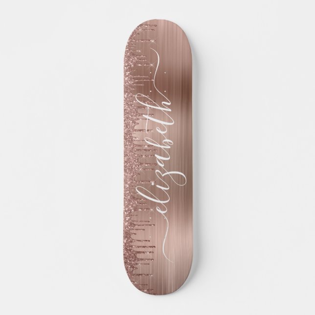 Rose Gold Dripping Glitter Personalised Skateboard (Front)