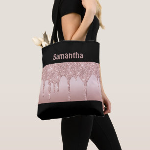 Rose Gold Dripping Glitter Pink Blush Monogram Tote Bag