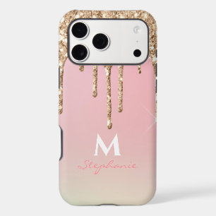 Rose Gold Dripping Glitter Pink Ombre Monogram