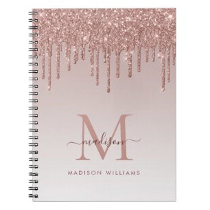 Rose Gold Dripping Glitter Sparkle Monogram Script Notebook