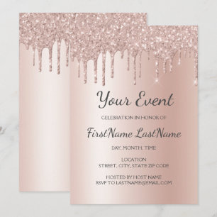 Rose Gold Dripping Glitter Sweet 16 Bridal Shower Invitation