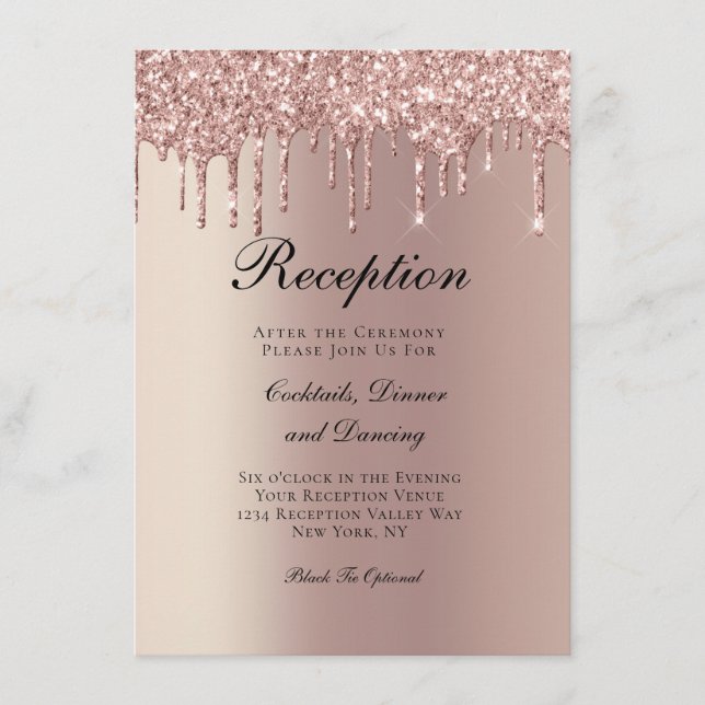 Rose Gold Dripping Glitter Wedding Reception  Enclosure Card (Front)