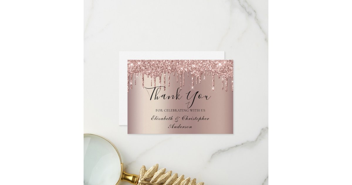 Rose Gold Dripping Glitter Wedding Thank You Card | Zazzle