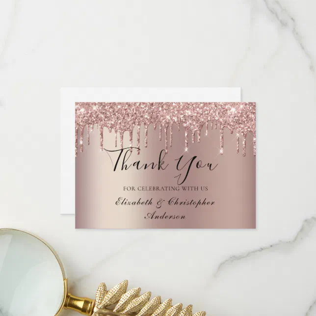 Rose Gold Dripping Glitter Wedding Thank You Card | Zazzle