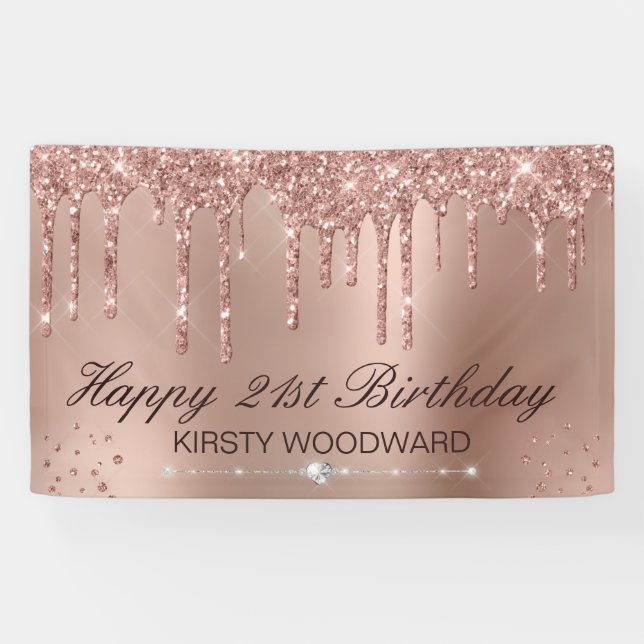Rose Gold Dripping Glitter with diamonds Birthday Banner (Horizontal)