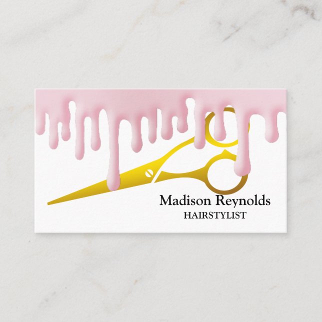 Rose Gold Dripping Gold Hair Stylist Scissor Salon Business Card (Front)