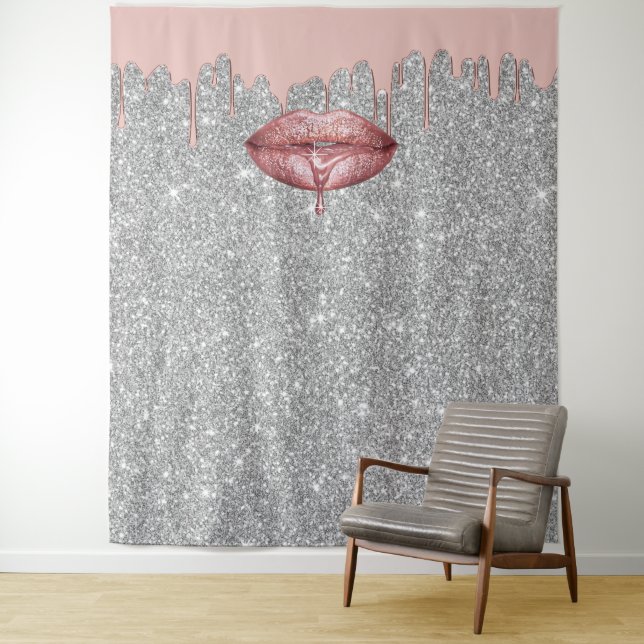 Rose Gold Dripping Lips Silver Glitter Backdrops Tapestry (In Situ)