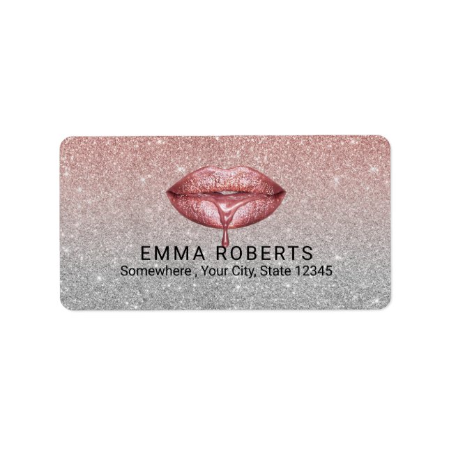 Rose Gold Dripping Lips Silver Glitter Salon Label (Front)
