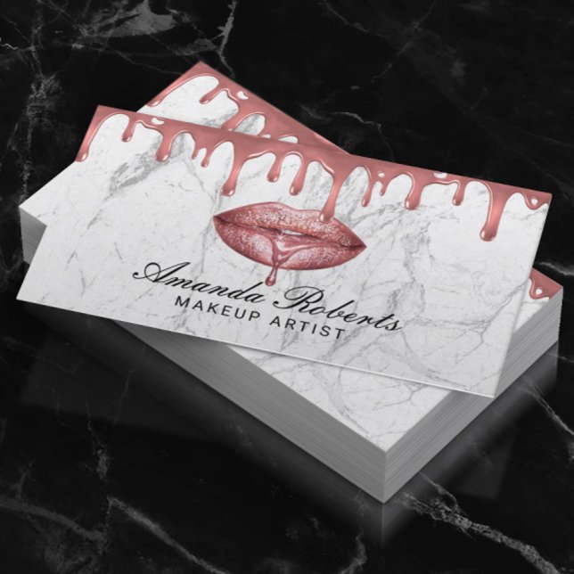 Rose Gold Dripping Lips White Marble Makeup Artist Business Card (Creator Uploaded)