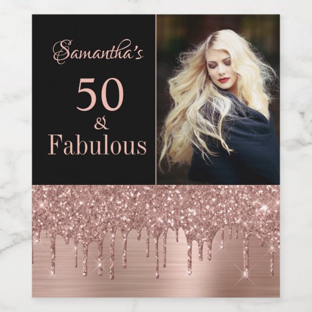 Rose Gold Drips 50 and Fabulous Birthday Party  Wine Label (Single Label)