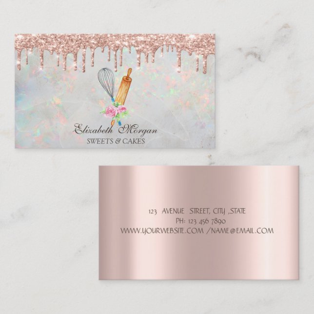  Rose Gold Drips Bakery Opal Holographic Business Card (Front/Back)