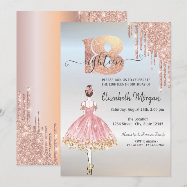 Rose Gold  Drips Ballerina Silver 18th Birthday Invitation (Front/Back)