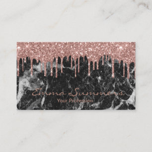 Rose Gold Drips Black Marble Customise Glitter Business Card