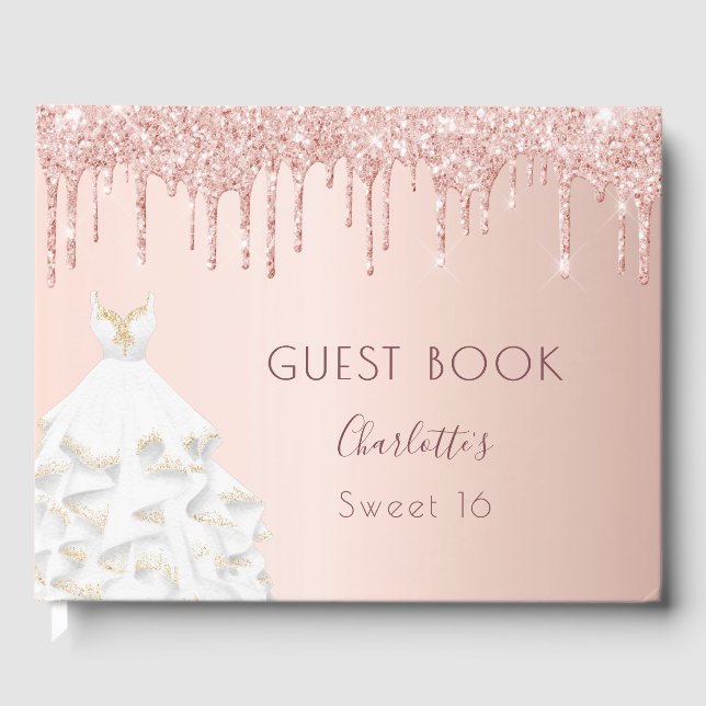 Rose gold drips blush dress Sweet 16 Guest Book (Front)