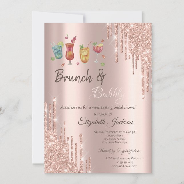 Rose Gold  Drips Cocktails Brunch & Bubbly  Invitation (Front)
