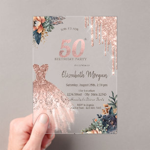 Rose Gold Drips Dress Moody Flowers 50th Birthday Acrylic Invitations