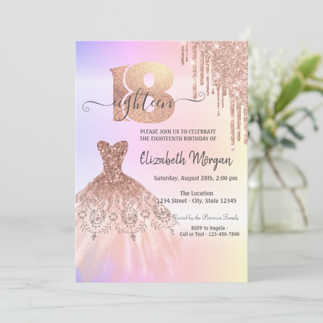 Rose Gold  Drips Dress Ombre 18th Birthday  Invitation (Standing Front)