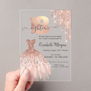 Rose Gold  Drips Dress Silver 18th Birthday  Acrylic Invitations