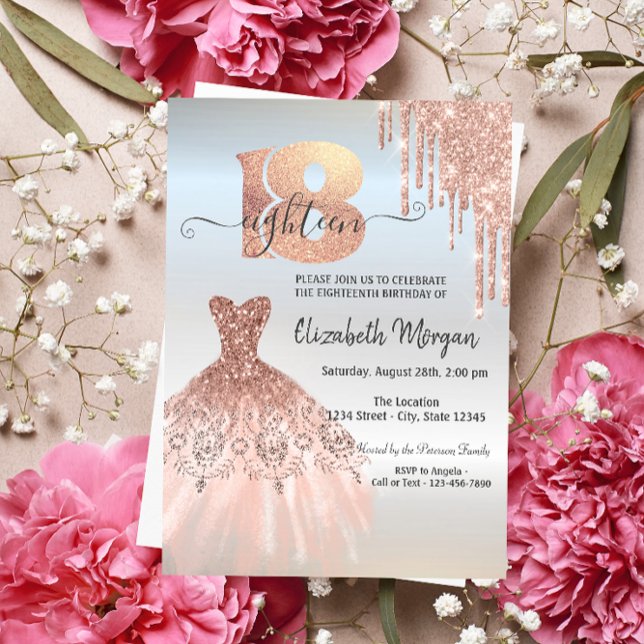 Rose Gold  Drips Dress Silver 18th Birthday  Invitation (Creator Uploaded)