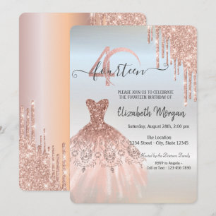 Rose Gold  Drips Dress Silver 40th Birthday   Invitation
