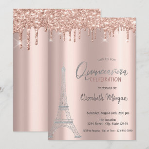 Rose Gold Drips, Eiffel Tower Quinceanera Invitati Invitation